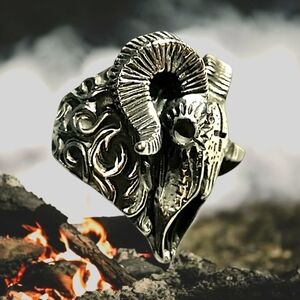 NEW Stainless Steel Silver Ram Skull Inverted Cross Ring